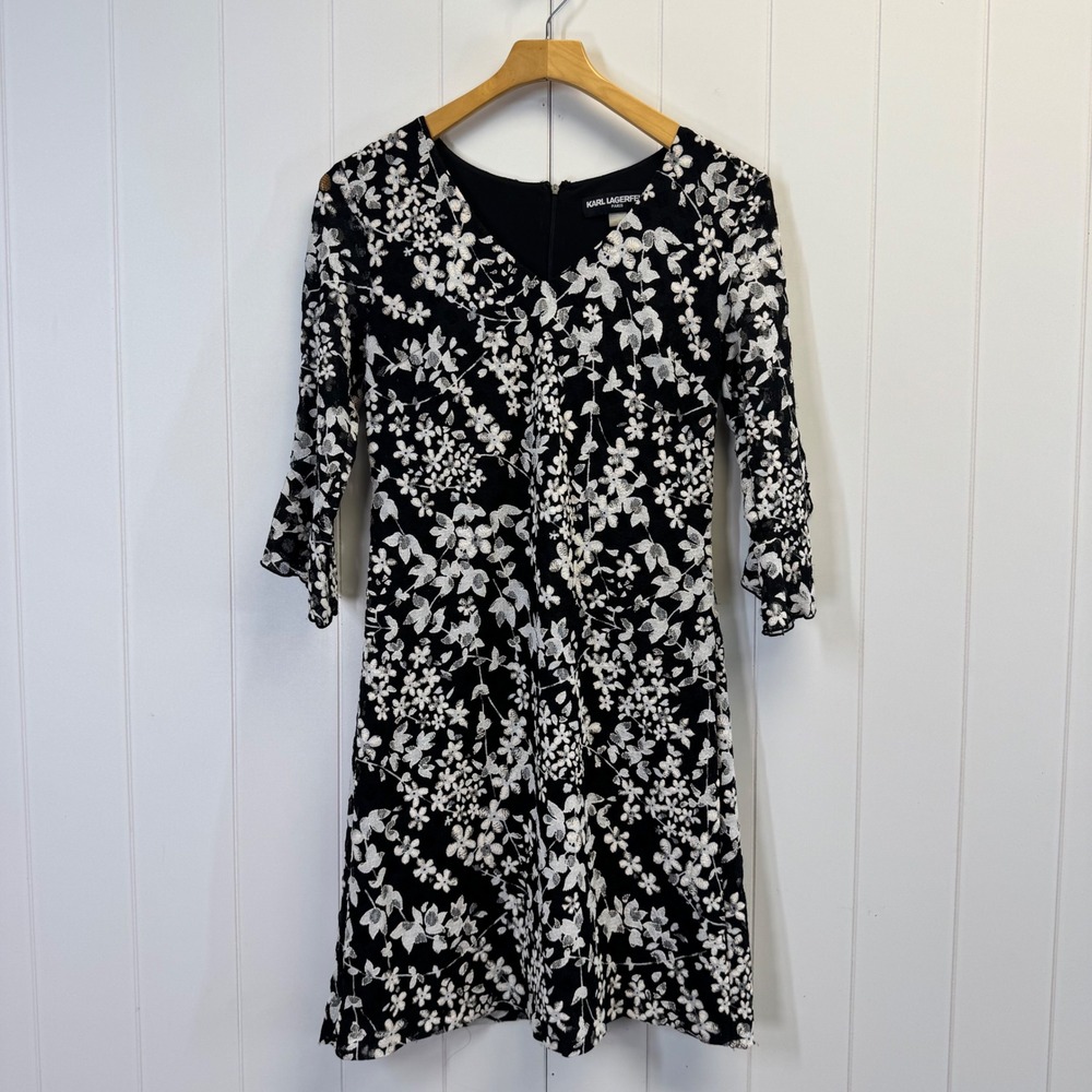 Karl Lagerfeld Paris Cocktail Floral Lace Dress Womens Size 4 Romantic Parisian